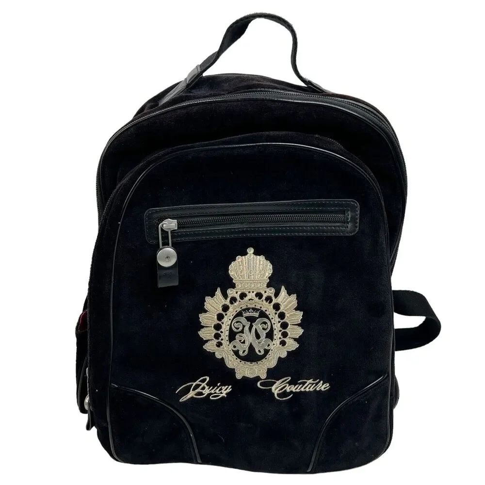 Y2K‎ Vintage JUICY COUTURE Black Velour Backpack Bookbag Weekend Bag Travel